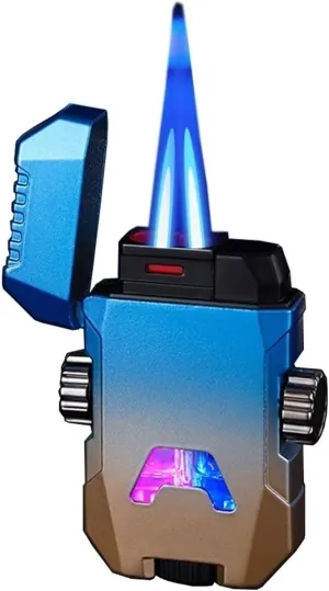 Gradient Color Metal flip-top Butane lighters, Windproof Jet Double Flame Classic Lighter, Retro Mecha Adjustable Flame, refillable Gas Portable Lighter, Gift for Men (Fuel not Included)(Blue)