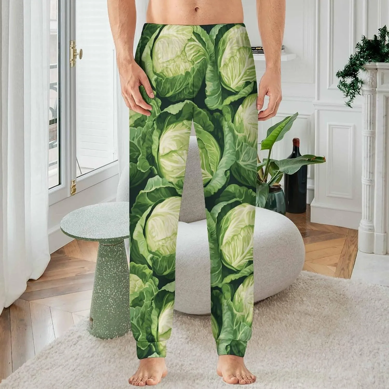Green Cabbage Pattern Casual Pajama Pants For Men Lightweight Pjs Bottoms Soft Classic Sleepwear Lounge
