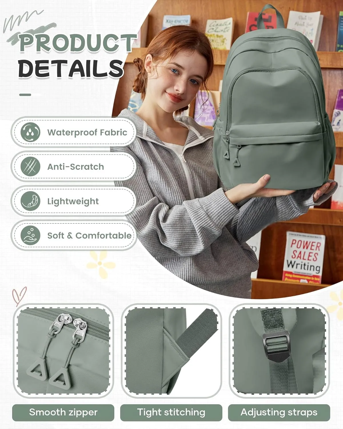 Green Cute School Backpack with Laptop Compartment Small Travel Laptop Backpack for Women Men Waterproof College Backpack Simple School Bag for Teens Girls Boys