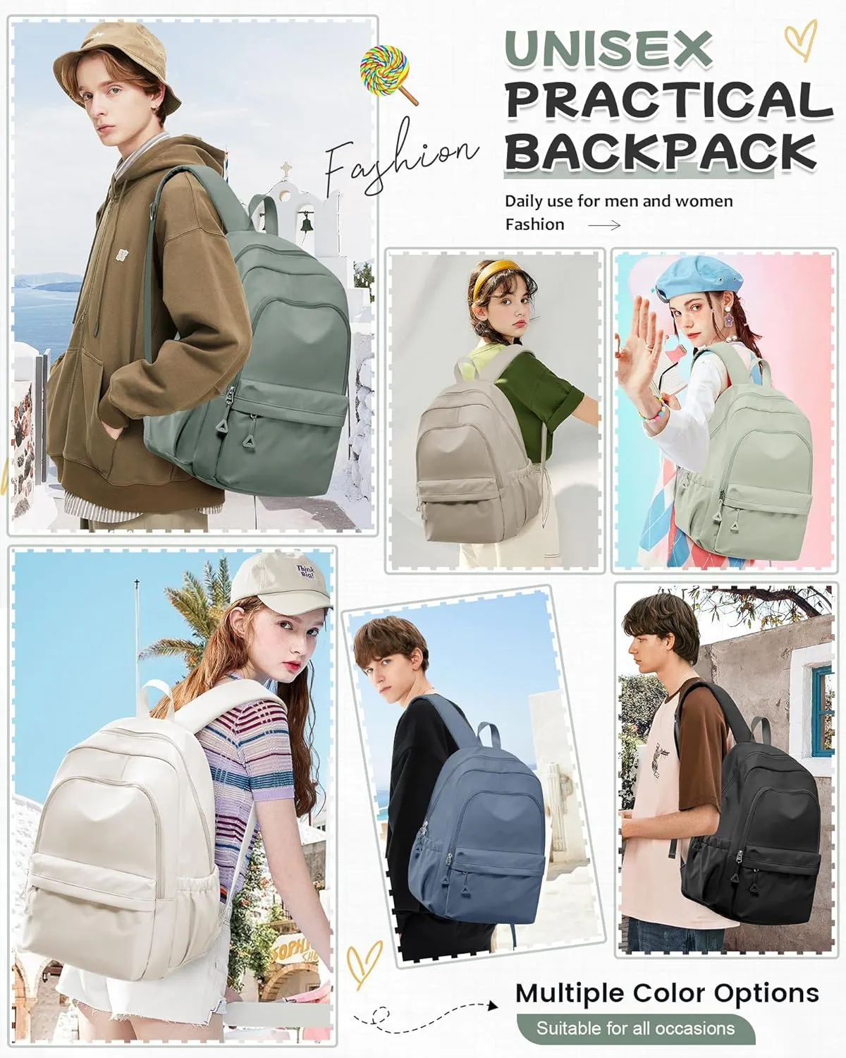 Green Cute School Backpack with Laptop Compartment Small Travel Laptop Backpack for Women Men Waterproof College Backpack Simple School Bag for Teens Girls Boys