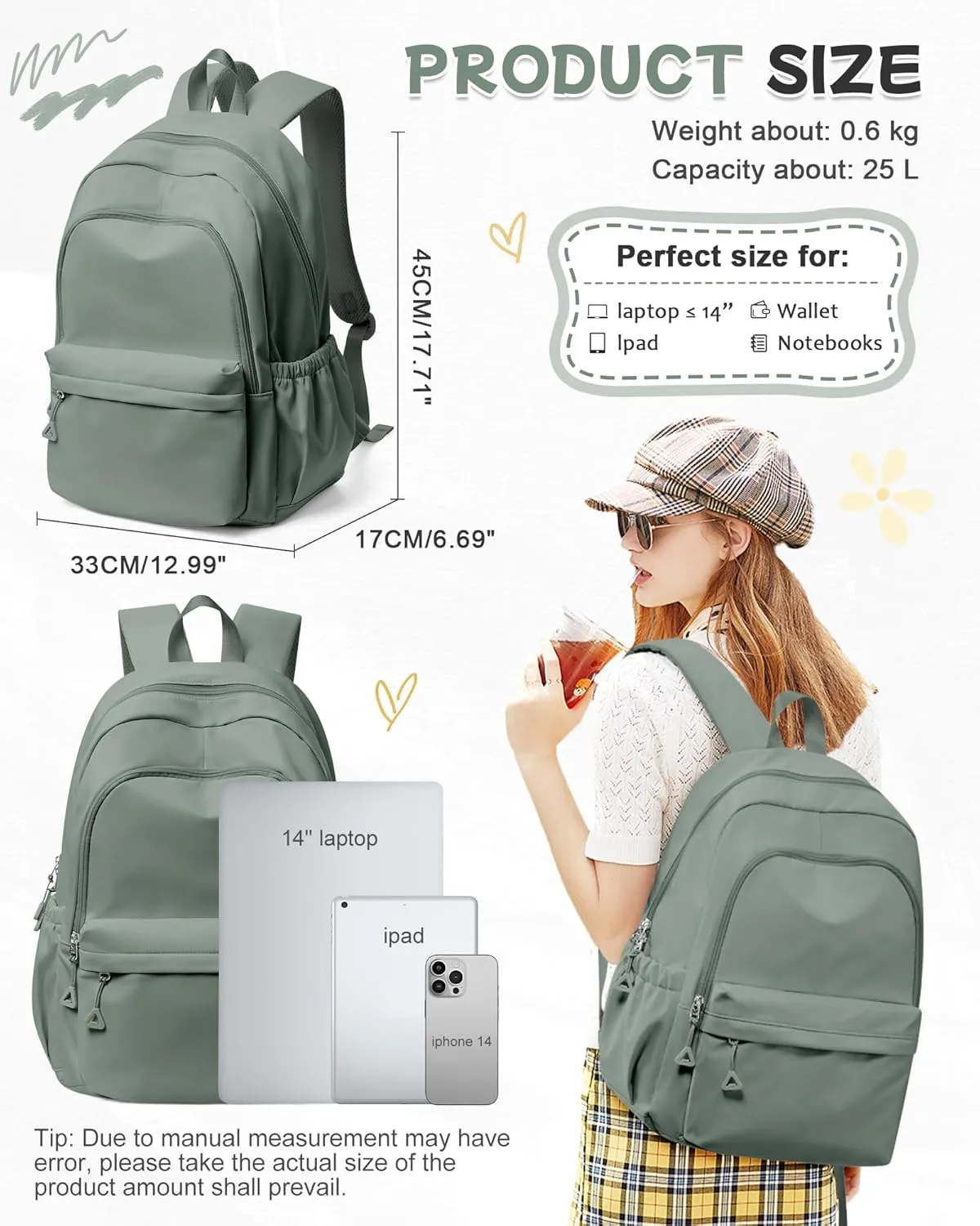 Green Cute School Backpack with Laptop Compartment Small Travel Laptop Backpack for Women Men Waterproof College Backpack Simple School Bag for Teens Girls Boys