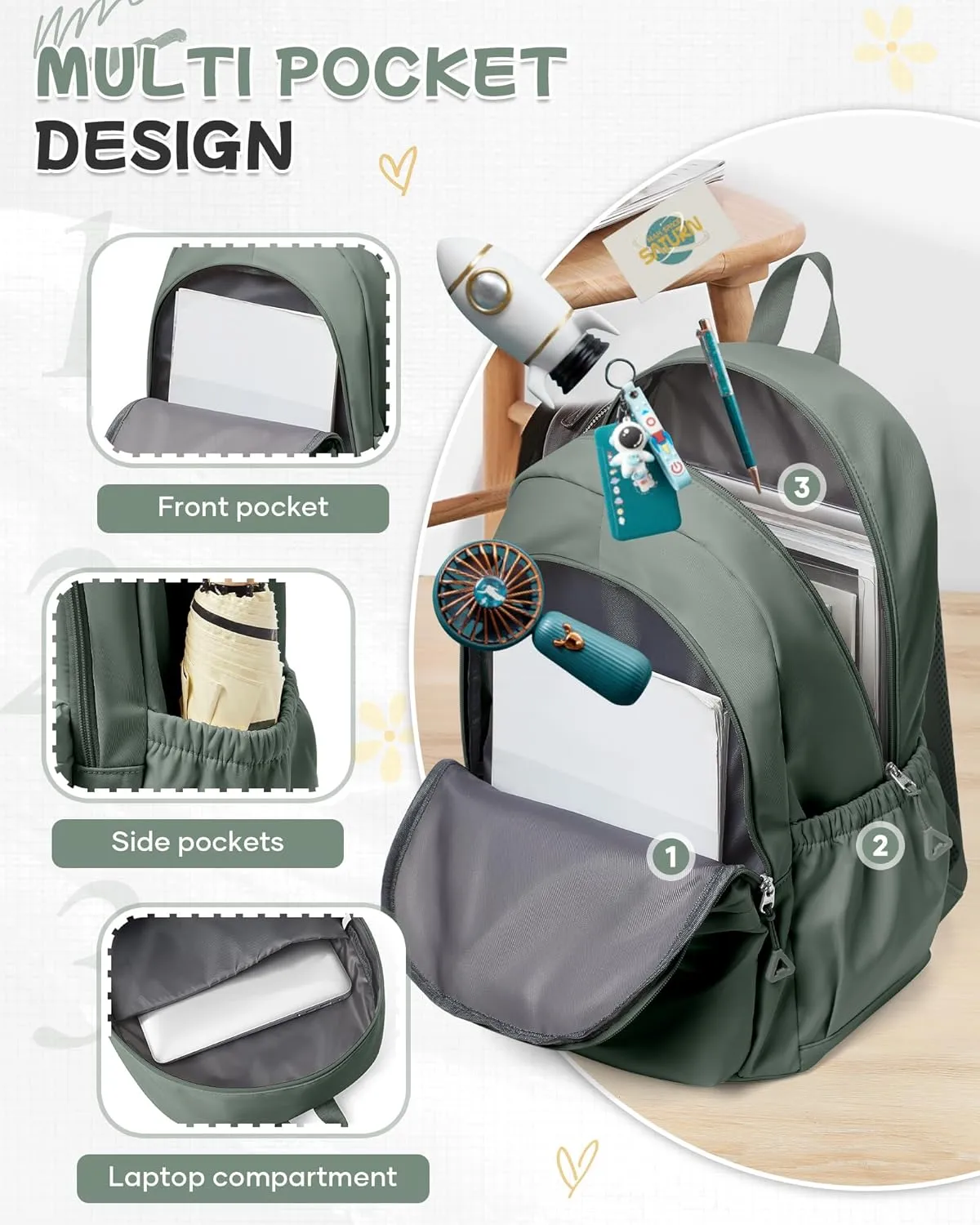 Green Cute School Backpack with Laptop Compartment Small Travel Laptop Backpack for Women Men Waterproof College Backpack Simple School Bag for Teens Girls Boys