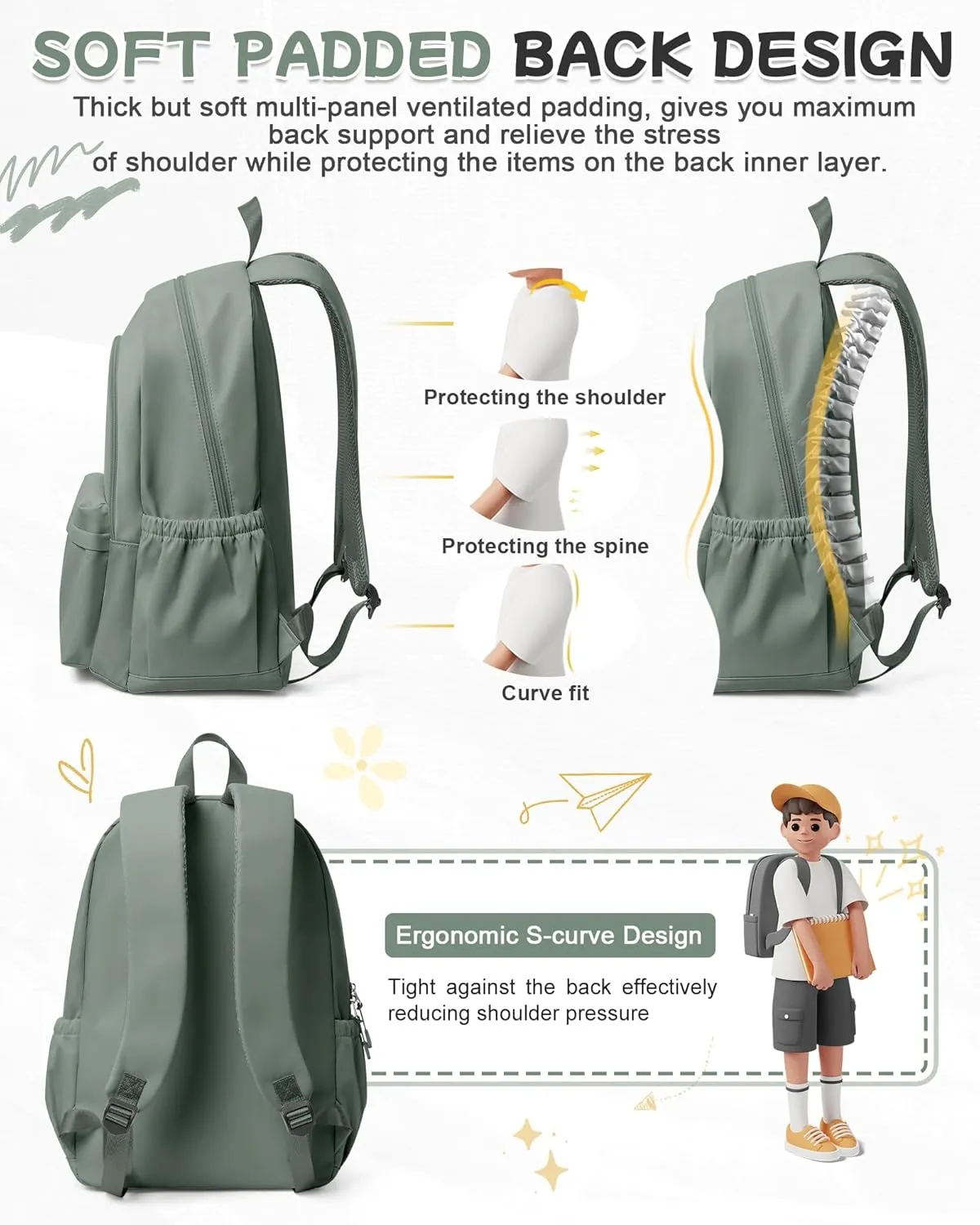 Green Cute School Backpack with Laptop Compartment Small Travel Laptop Backpack for Women Men Waterproof College Backpack Simple School Bag for Teens Girls Boys
