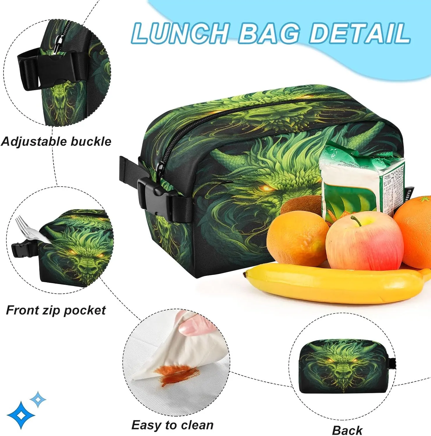 Green Dragons Backpack for Kids Lightweight Travel Schoolbags with Lunch Box Set, A01E23037