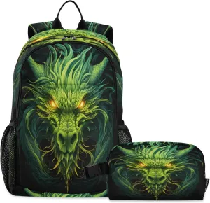 Green Dragons Backpack for Kids Lightweight Travel Schoolbags with Lunch Box Set, A01E23037