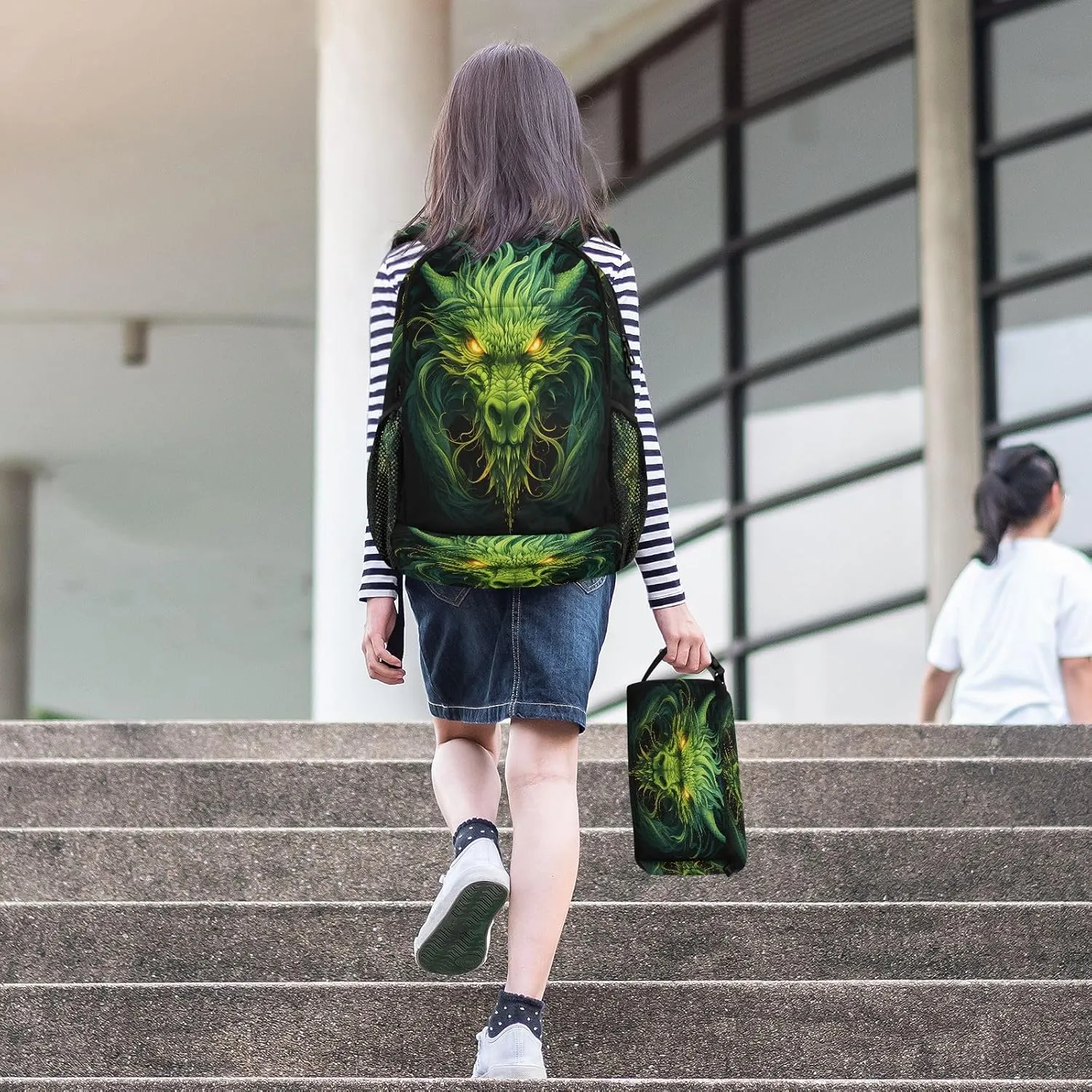 Green Dragons Backpack for Kids Lightweight Travel Schoolbags with Lunch Box Set, A01E23037