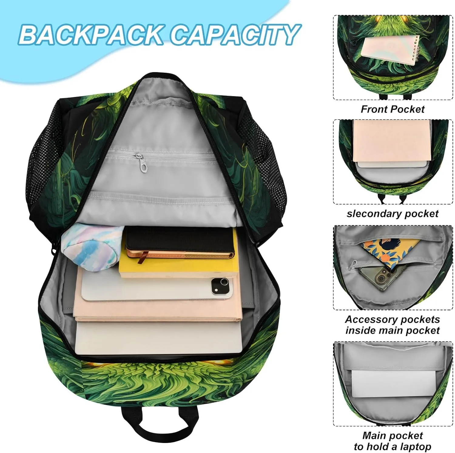 Green Dragons Backpack for Kids Lightweight Travel Schoolbags with Lunch Box Set, A01E23037
