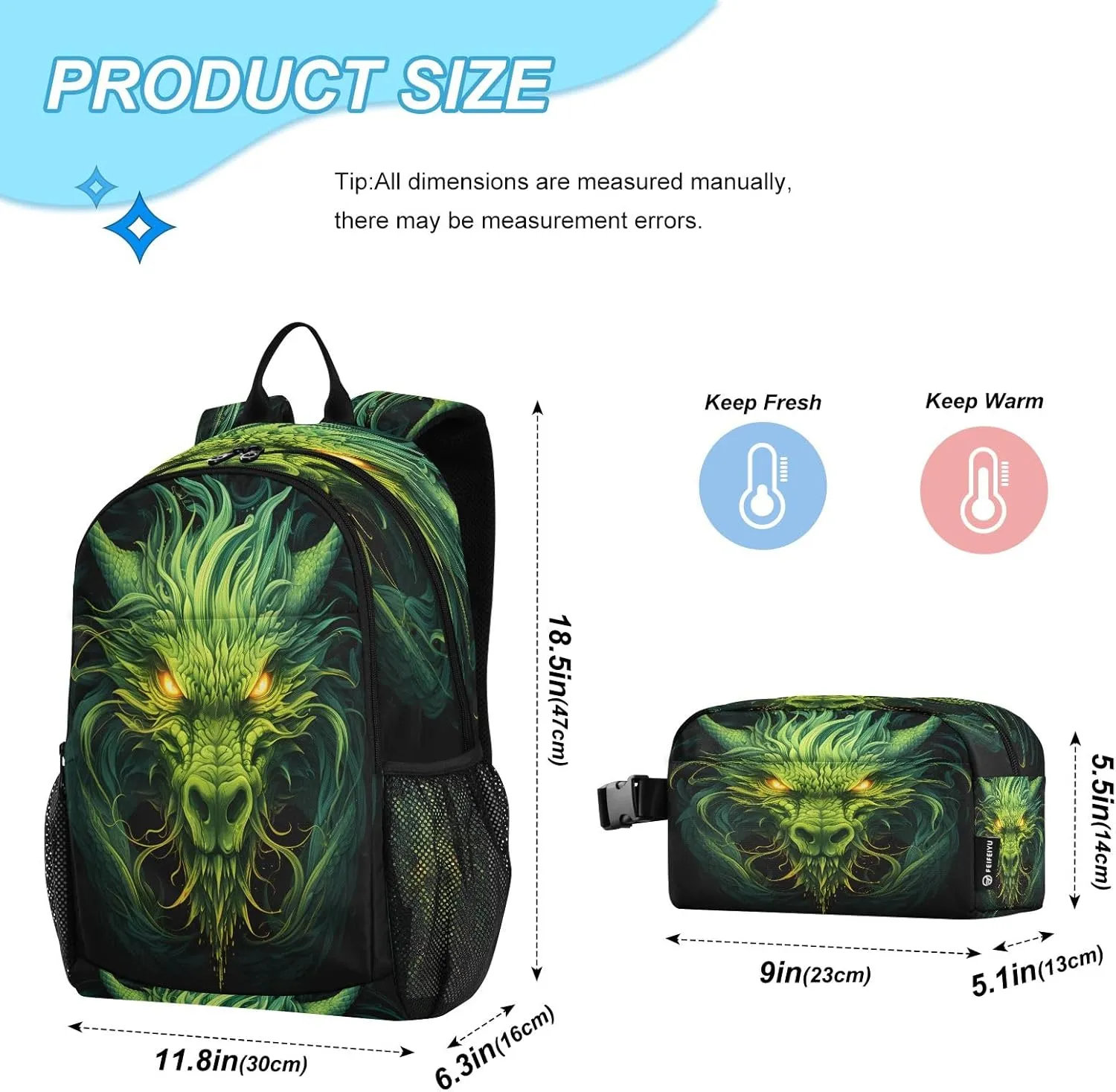 Green Dragons Backpack for Kids Lightweight Travel Schoolbags with Lunch Box Set, A01E23037