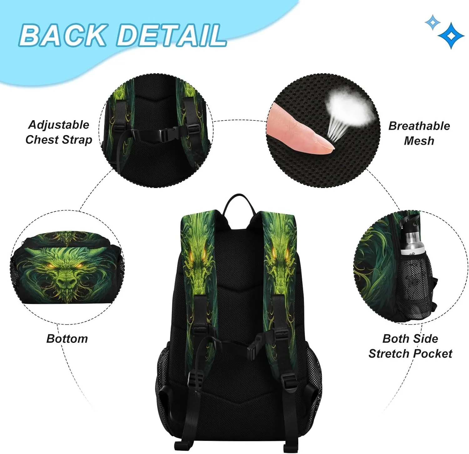 Green Dragons Backpack for Kids Lightweight Travel Schoolbags with Lunch Box Set, A01E23037