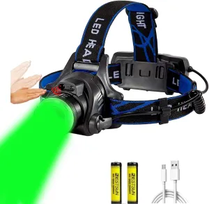 Green LED Headlamp Rechargeable Motion Sensor Super Bright Hunting Headlamps Waterproof Headlamp Flashlight Zoomable 3 Modes Headlight for Hunting Fishing Running