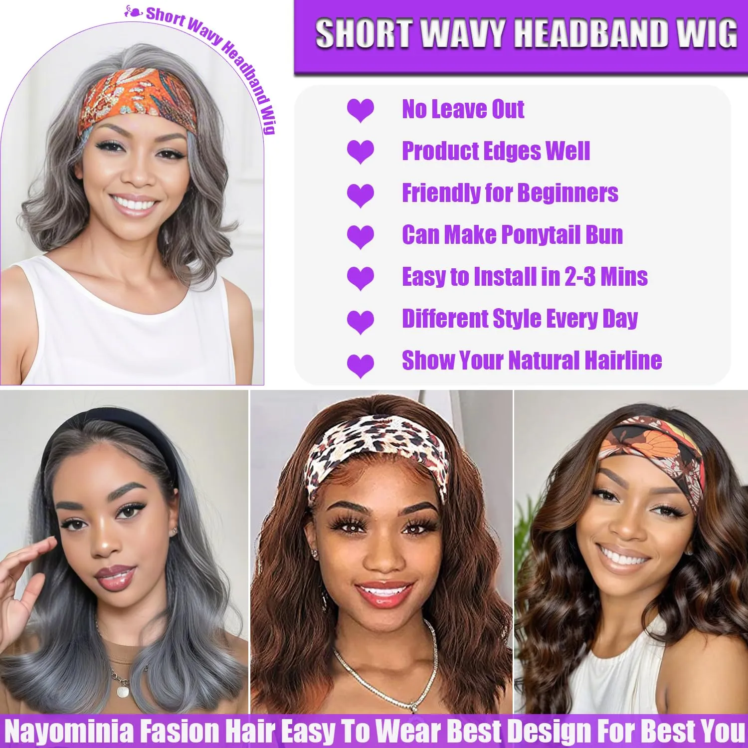 Grey Headband Wigs For Black Women Short Wavy Headband Wig 14 Inch Glueless Wig Heat Resistant Fibers Synthetic Hair Natural Look