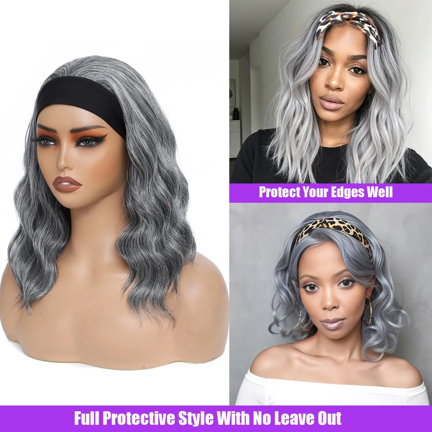 Grey Headband Wigs For Black Women Short Wavy Headband Wig 14 Inch Glueless Wig Heat Resistant Fibers Synthetic Hair Natural Look