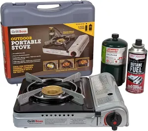 Grill Boss Dual Fuel Portable Stove, 12K BTU Camp Stove, Butane & Propane Portable Camping Stoves, Dual Fuel Butane & Propane Stoves for Emergencies, Outdoor Cooking, Hiking Trips, Backpacking - 90057