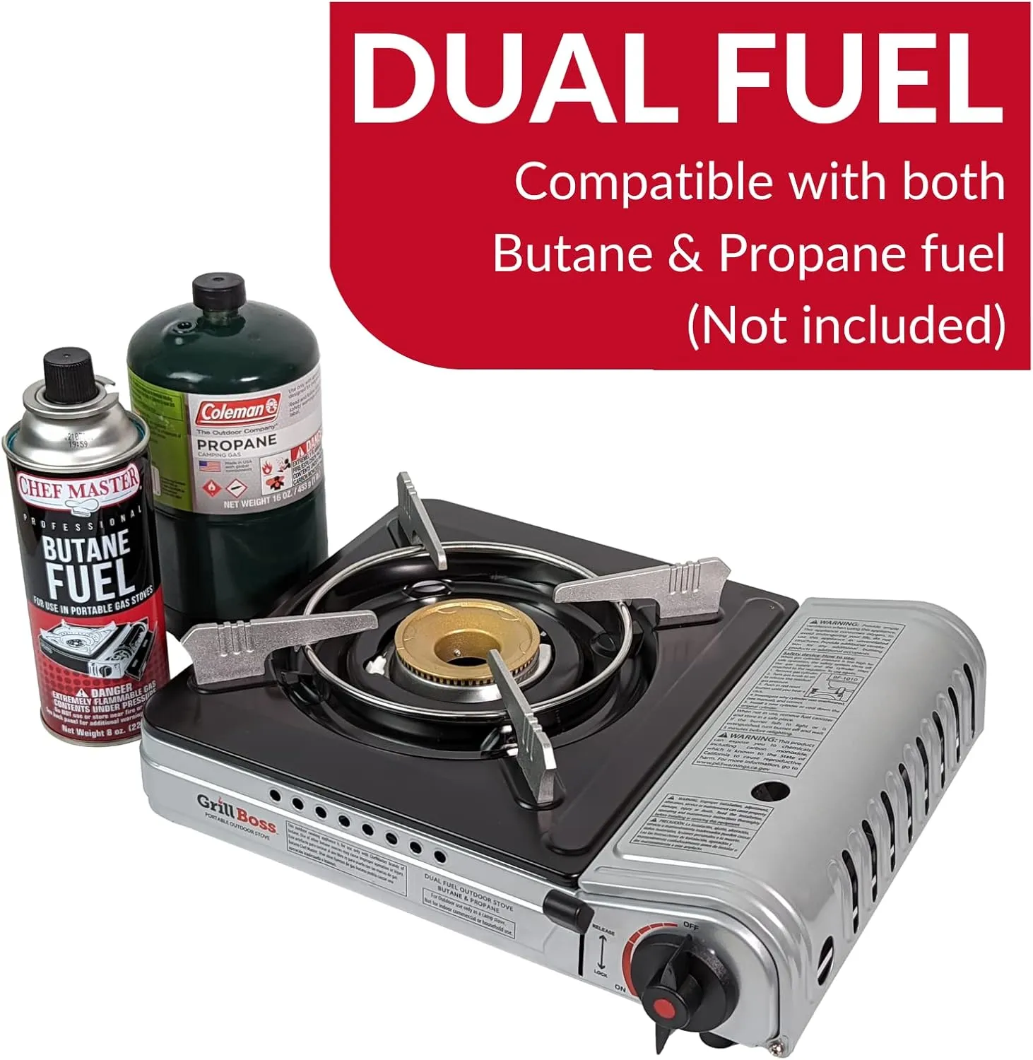 Grill Boss Dual Fuel Portable Stove, 12K BTU Camp Stove, Butane & Propane Portable Camping Stoves, Dual Fuel Butane & Propane Stoves for Emergencies, Outdoor Cooking, Hiking Trips, Backpacking - 90057