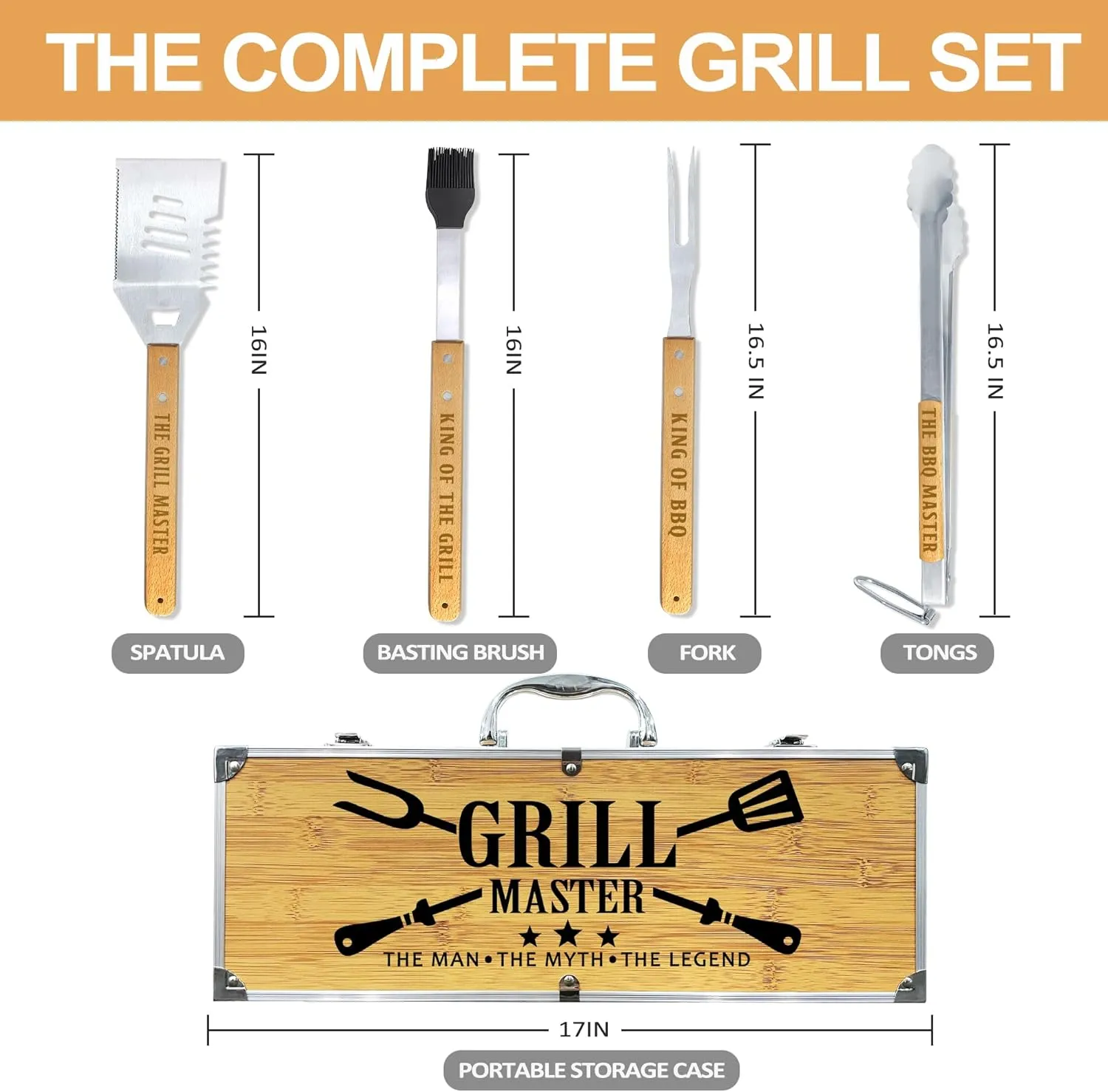 Grilling Accessories, Fathers Day Grilling Gifts for Men Dad, Heavy Duty Wooden BBQ Grill Accessories Kit for Backyard, Thick Stainless Steel Grill Utensils with Non-Slip Handle Tools in Portable Bag