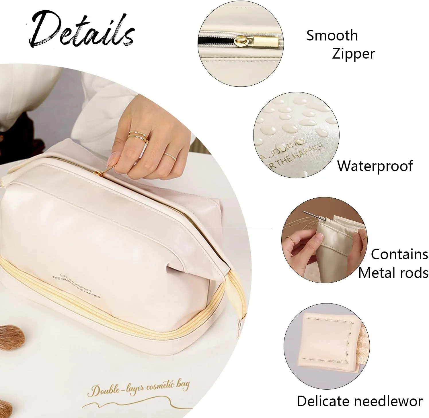 GRINKO Travel Makeup Bag, Large Capacity Toiletry Bag, Portable Pouch Cosmetic Bags for Women, PU Leather Waterproof Make up Organizer Camel