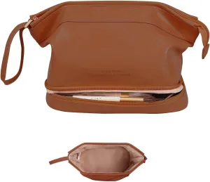GRINKO Travel Makeup Bag, Large Capacity Toiletry Bag, Portable Pouch Cosmetic Bags for Women, PU Leather Waterproof Make up Organizer Camel