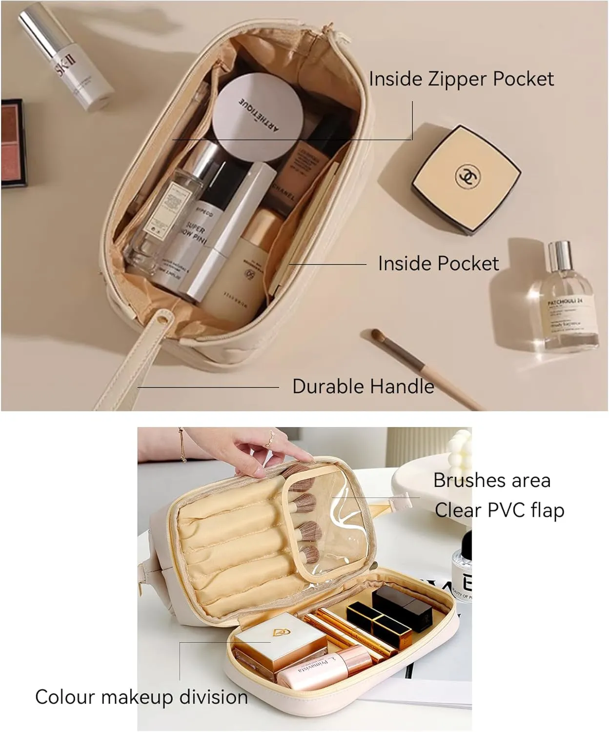 GRINKO Travel Makeup Bag, Large Capacity Toiletry Bag, Portable Pouch Cosmetic Bags for Women, PU Leather Waterproof Make up Organizer Camel