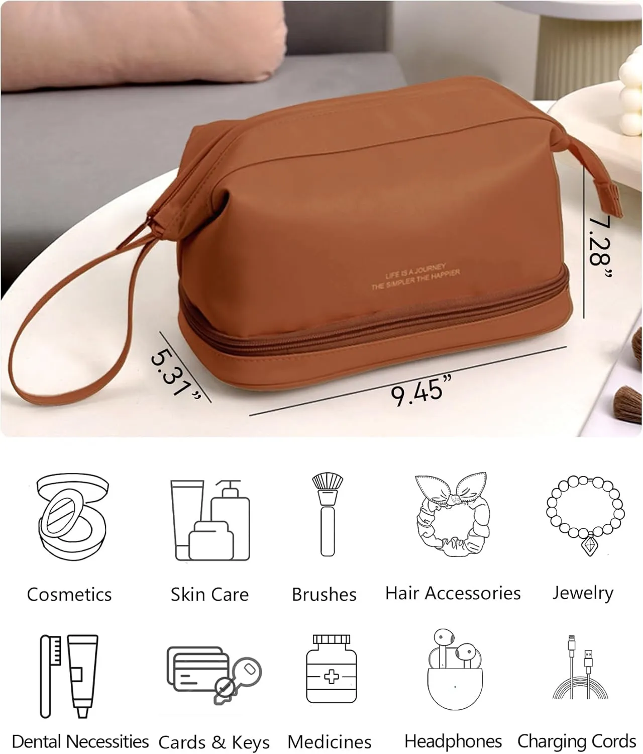 GRINKO Travel Makeup Bag, Large Capacity Toiletry Bag, Portable Pouch Cosmetic Bags for Women, PU Leather Waterproof Make up Organizer Camel