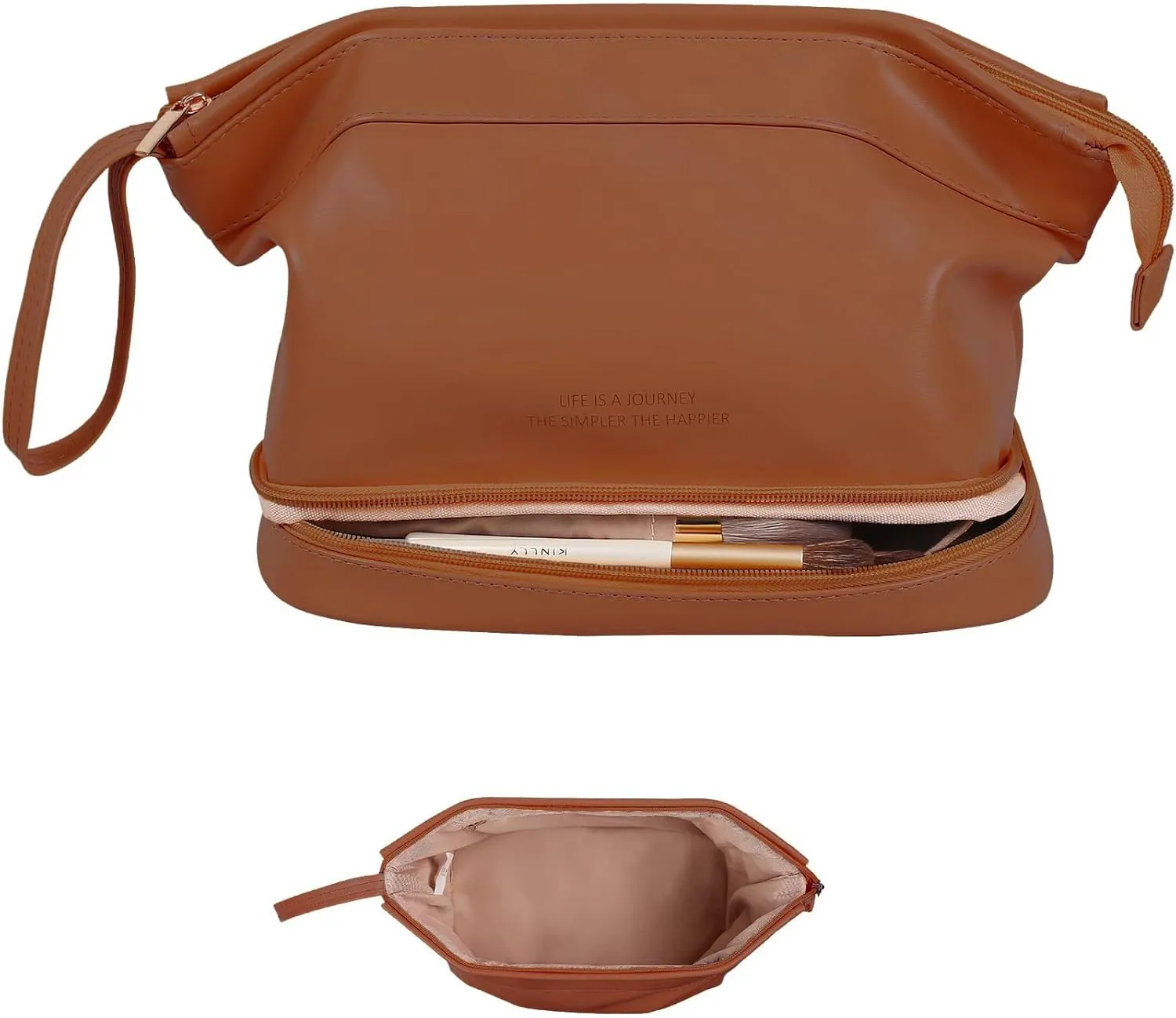 GRINKO Travel Makeup Bag, Large Capacity Toiletry Bag, Portable Pouch Cosmetic Bags for Women, PU Leather Waterproof Make up Organizer Camel