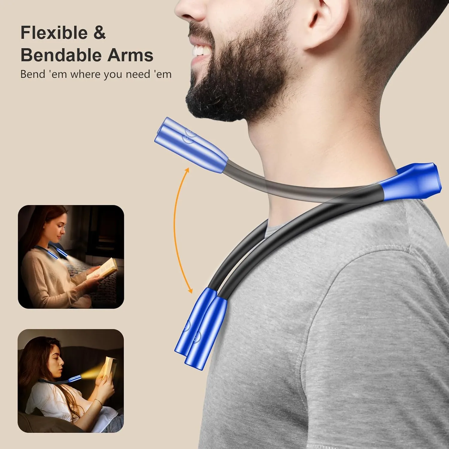 Gritin LED Neck Reading Light,Book Light for Reading in Bed-Eye Caring 3 Colors, Dimmable Brightness, Bendable Arms, 80 Hrs Runtime, Neck Round Design, Lightweight for Crafting, Knitting-Dark Blue