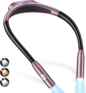 Gritin LED Neck Reading Light,Book Light for Reading in Bed-Eye Caring 3 Colors, Dimmable Brightness, Bendable Arms, 80 Hrs Runtime, Neck Round Design, Lightweight for Crafting, Knitting-Night Violet