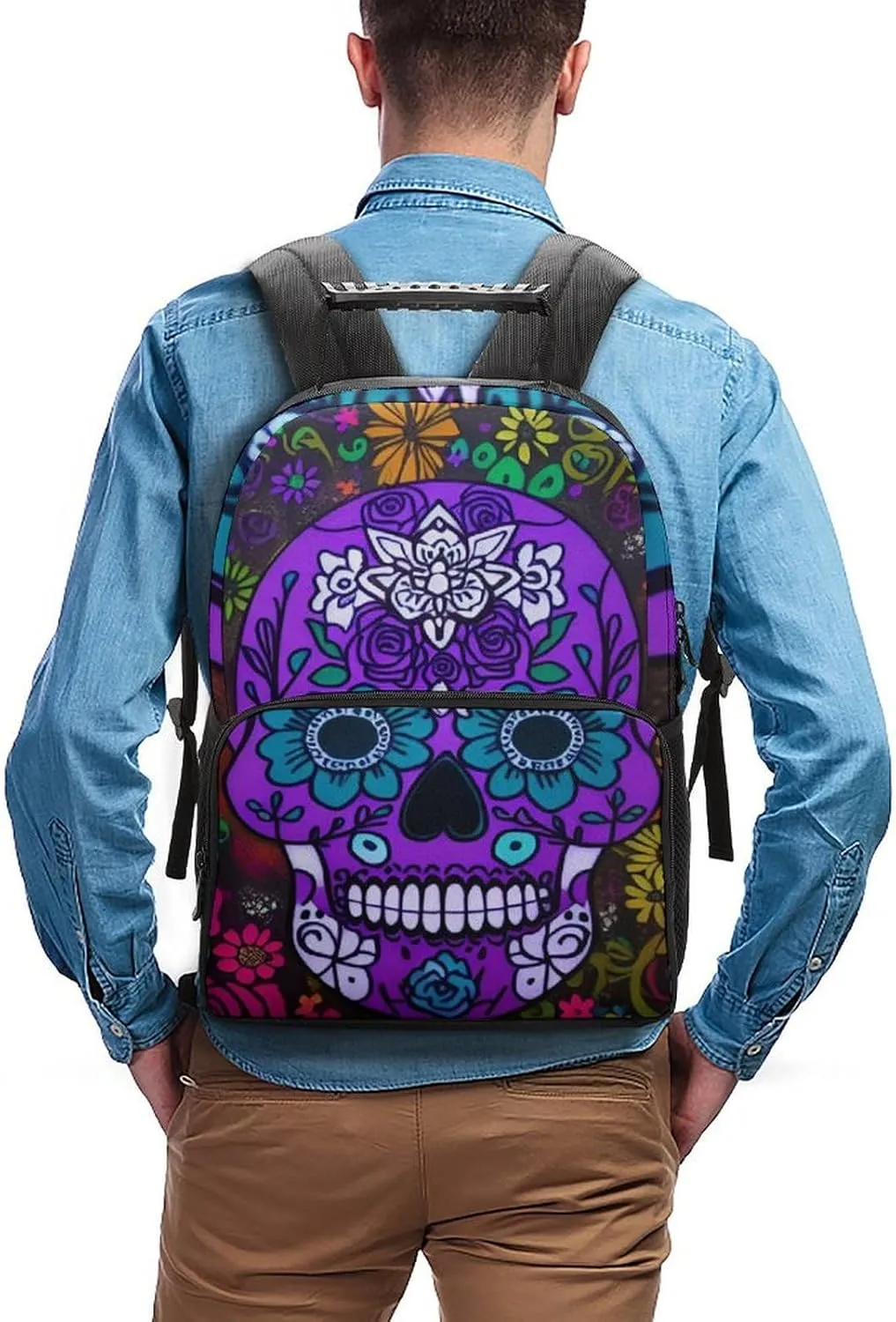 Grunge Mexican Sugar Skulls Day Of The Dead Flowers Art Rucksacks Lightweight Multipurpose Anti-Theft Shoulder Bag Big Capacity Laptop Book Bag Rucksack With Padded Straps