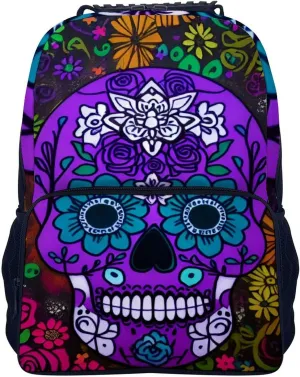 Grunge Mexican Sugar Skulls Day Of The Dead Flowers Art Rucksacks Lightweight Multipurpose Anti-Theft Shoulder Bag Big Capacity Laptop Book Bag Rucksack With Padded Straps