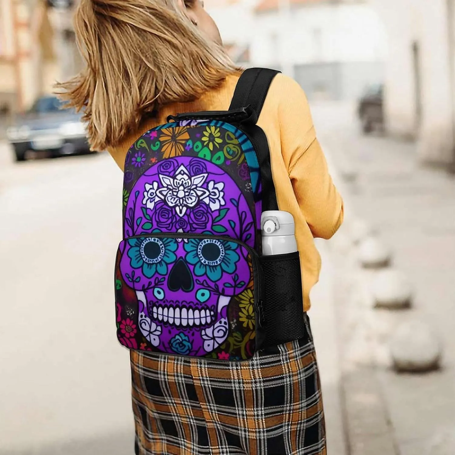 Grunge Mexican Sugar Skulls Day Of The Dead Flowers Art Rucksacks Lightweight Multipurpose Anti-Theft Shoulder Bag Big Capacity Laptop Book Bag Rucksack With Padded Straps