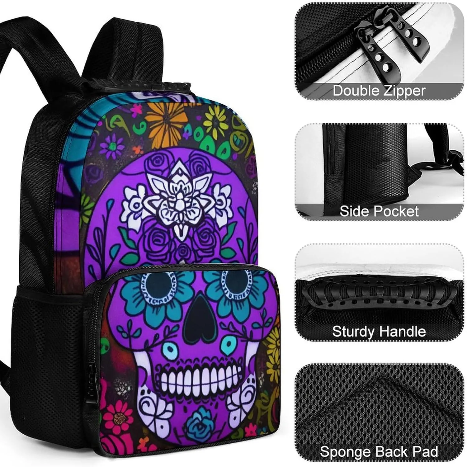 Grunge Mexican Sugar Skulls Day Of The Dead Flowers Art Rucksacks Lightweight Multipurpose Anti-Theft Shoulder Bag Big Capacity Laptop Book Bag Rucksack With Padded Straps