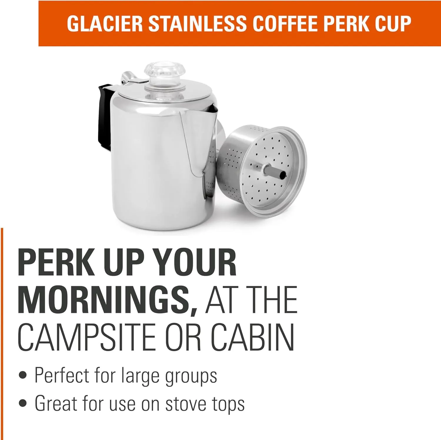 GSI Outdoors Percolator Coffee Pot I Glacier Stainless Steel with Silicone Handle for Camping, Backpacking, Travel, RV & Hunting - Stove Safe