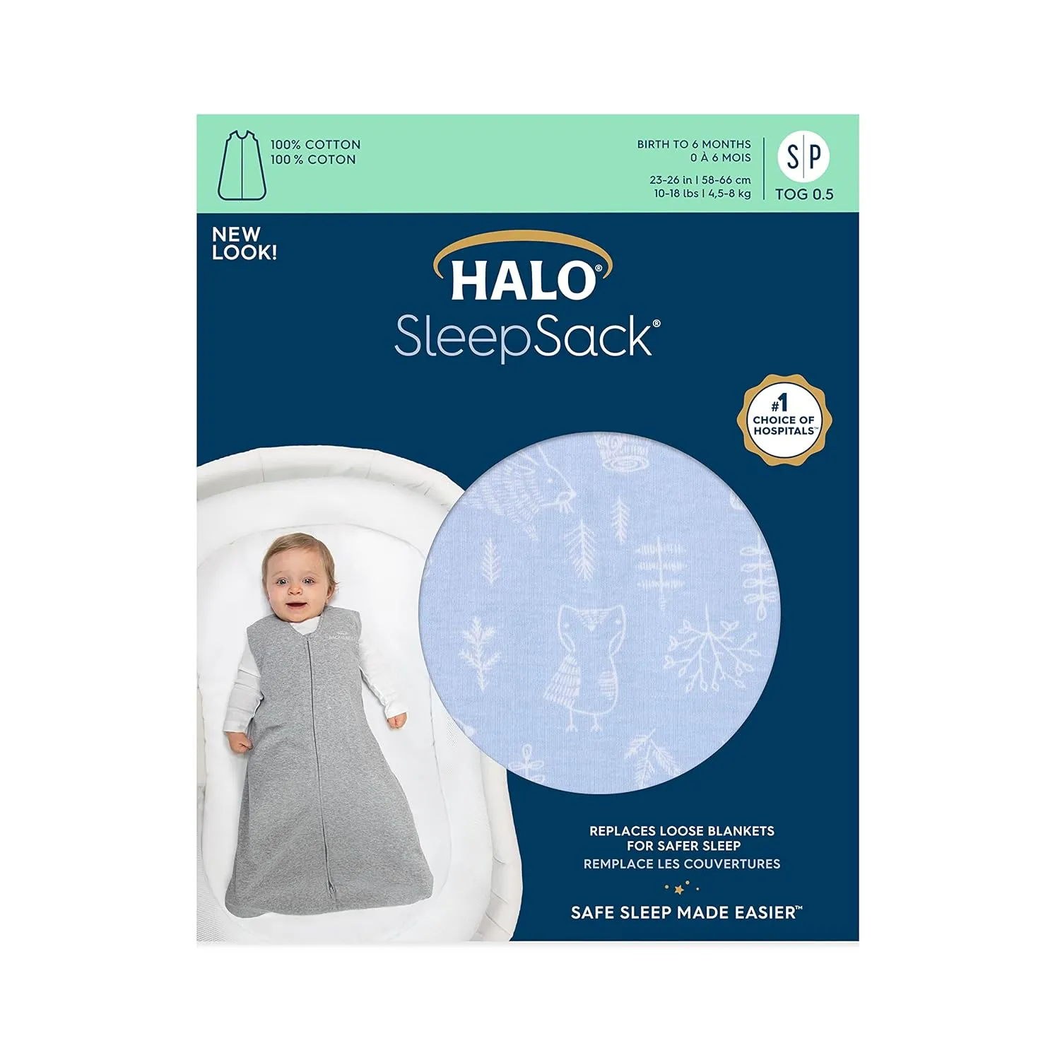 HALO SleepSack, 100% Cotton Wearable Blanket, Swaddle Transition Sleeping Bag, TOG 0.5, Woodland Etch Blue, Large, 12-18 Months