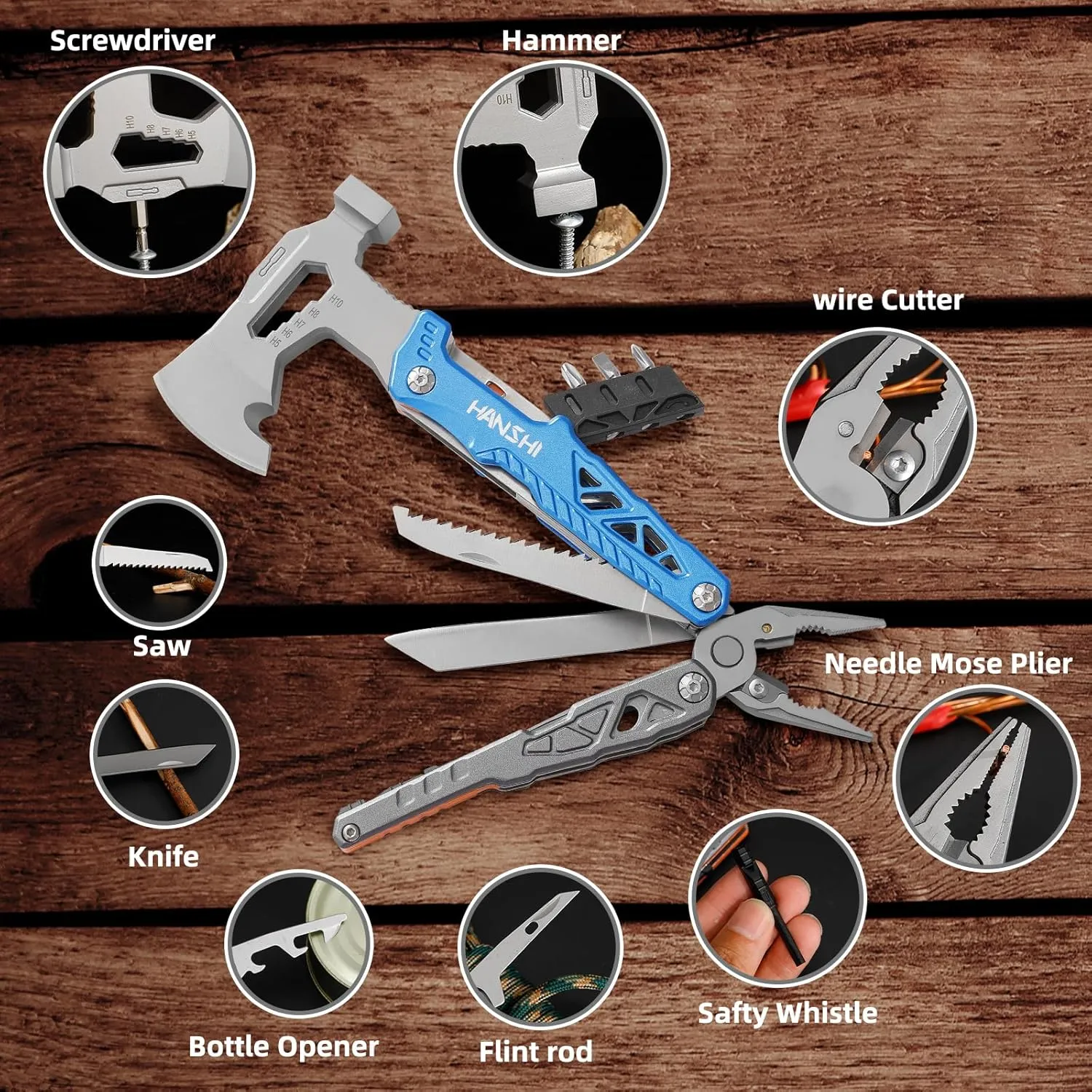 HANSHI Camping Axe Multitool with YG10 Tungsten Steel Replaceable Wire Cutters for Gift,17 in 1 Multi Tool with Spring-Action Pliers,Knife,Screwdriver,Flint Rob,Safty Whistle with Nylon Sheath (Blue)