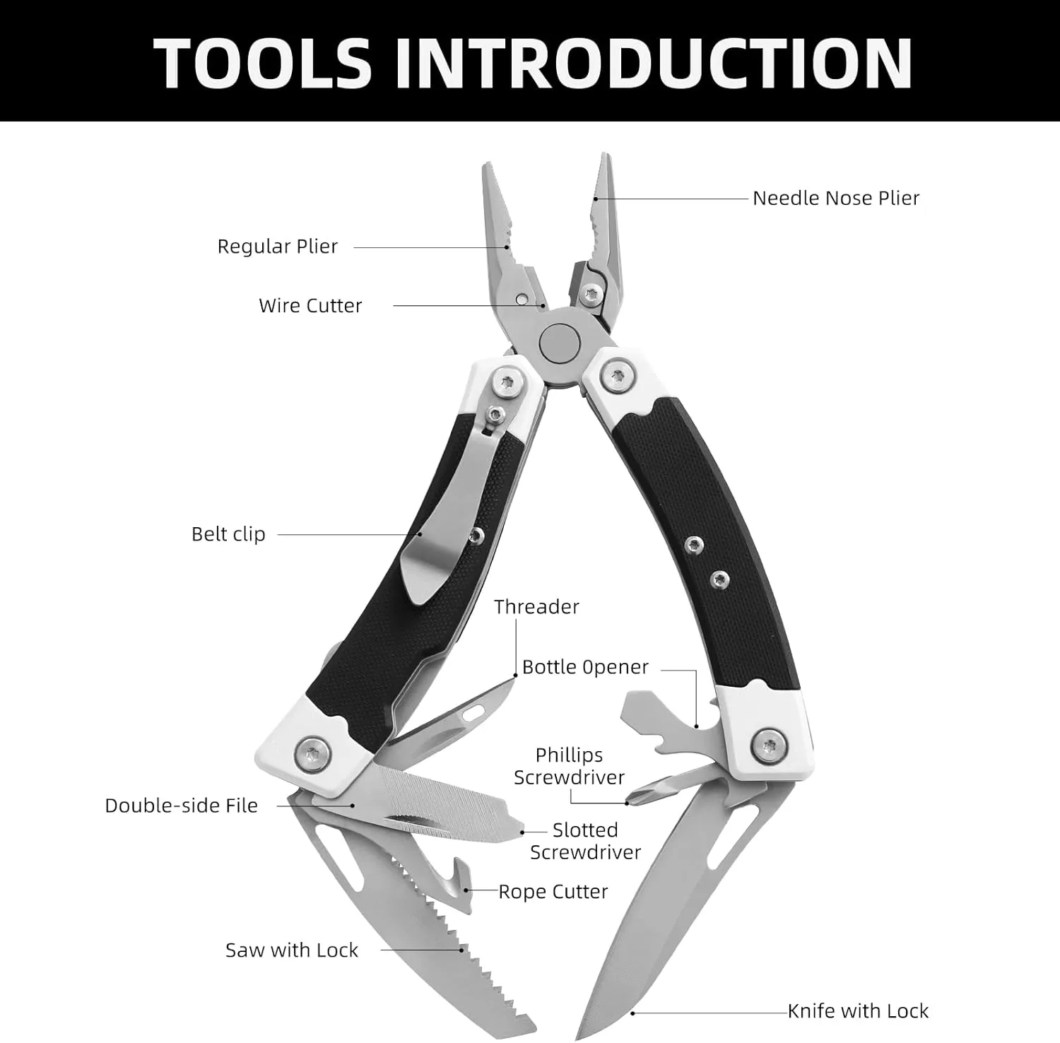 HANSHI G10 Handle Multitool Pliers with YG10 Tungsten Steel Replaceable Wire Cutters 12 in 1 Multi Tool Pocket Knife with Safety Lock,Saw,Bottel Opener for Camping,Survival with Nylon Sheath (black)