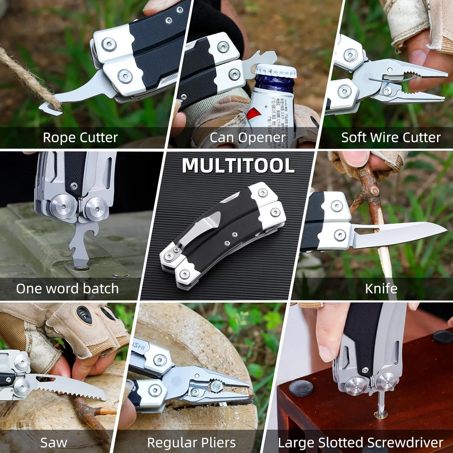 HANSHI G10 Handle Multitool Pliers with YG10 Tungsten Steel Replaceable Wire Cutters 12 in 1 Multi Tool Pocket Knife with Safety Lock,Saw,Bottel Opener for Camping,Survival with Nylon Sheath (black)