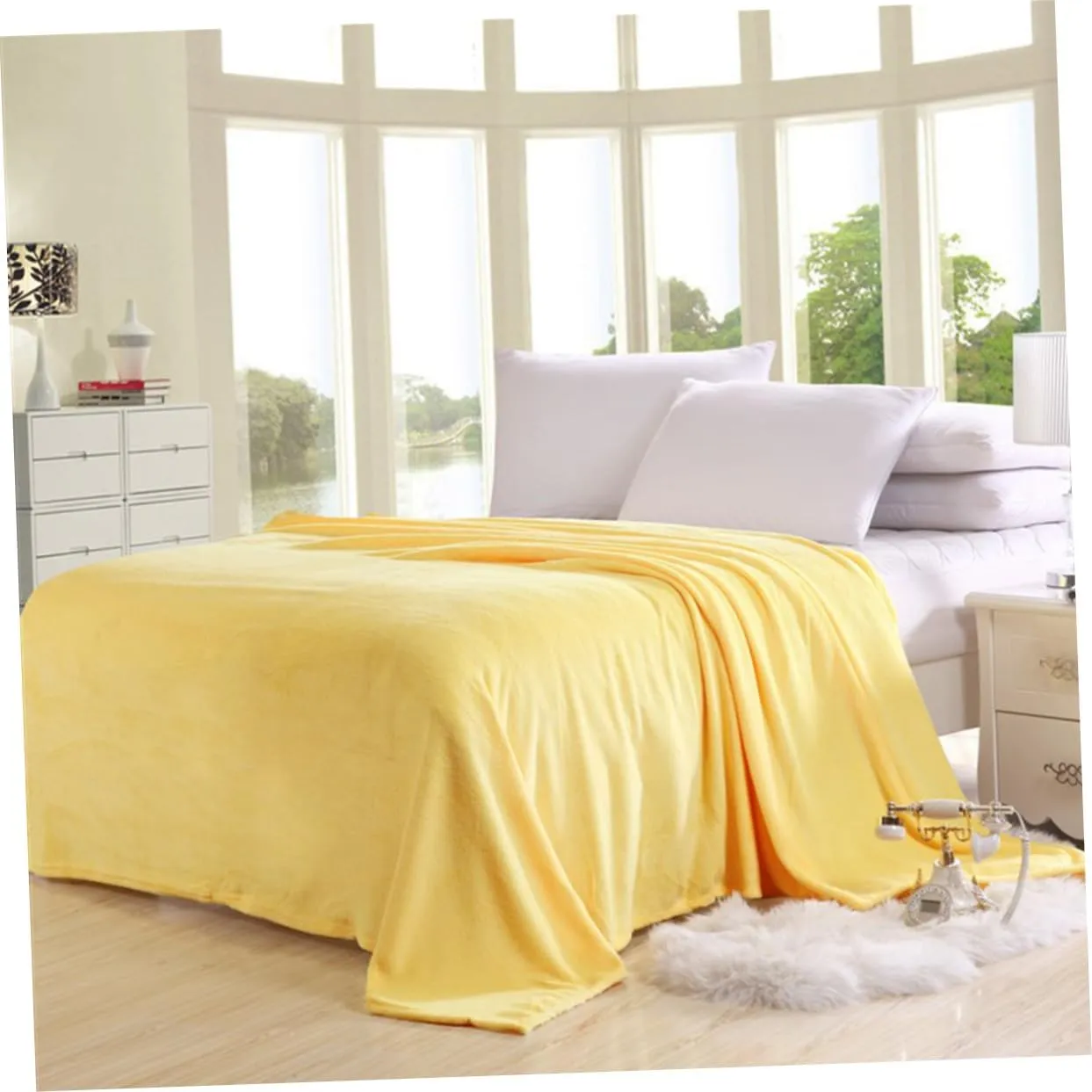 Happyyami Solid Color Flannel Fleece Blanket Lightweight Warm Bedding for Home Camping Backpacking Cozy Yellow Throw for All Seasons