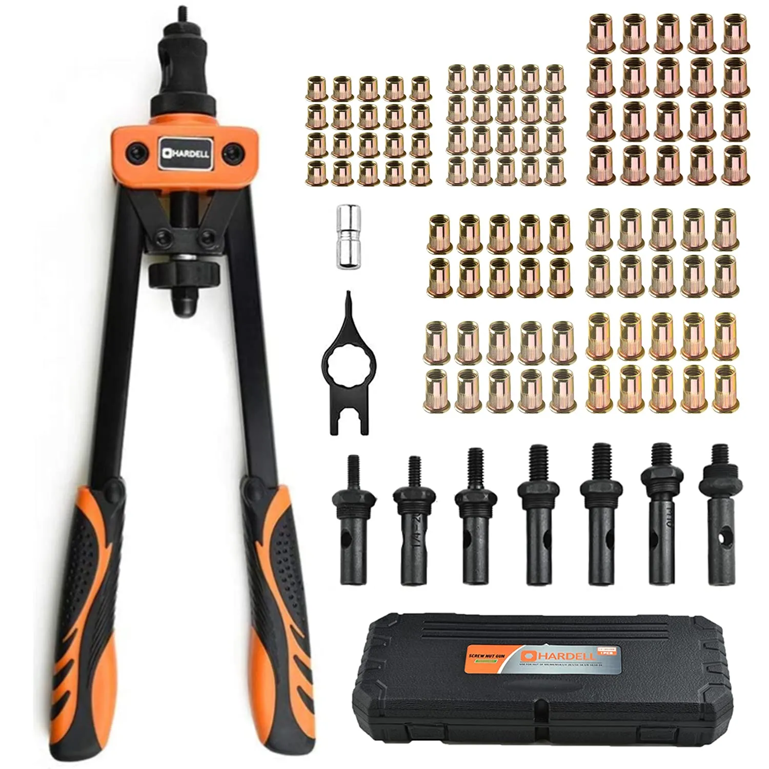 HARDELL Rivet Nuts Tool, 14" Hand Rivet Tool Kits with 100Pcs Rivet Nuts and 7 Metric & Inch Mandrels M6 M8 M10, 1/4-20, 5/16-18, 3/8-16, 10-24 and Rugged Carrying Case