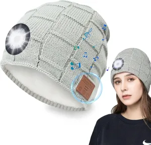 Headlamp Beanie Hat with Light,Unisex Rechargeable 5 Led headlamp Cap with Wireless Bluetooth Headphones