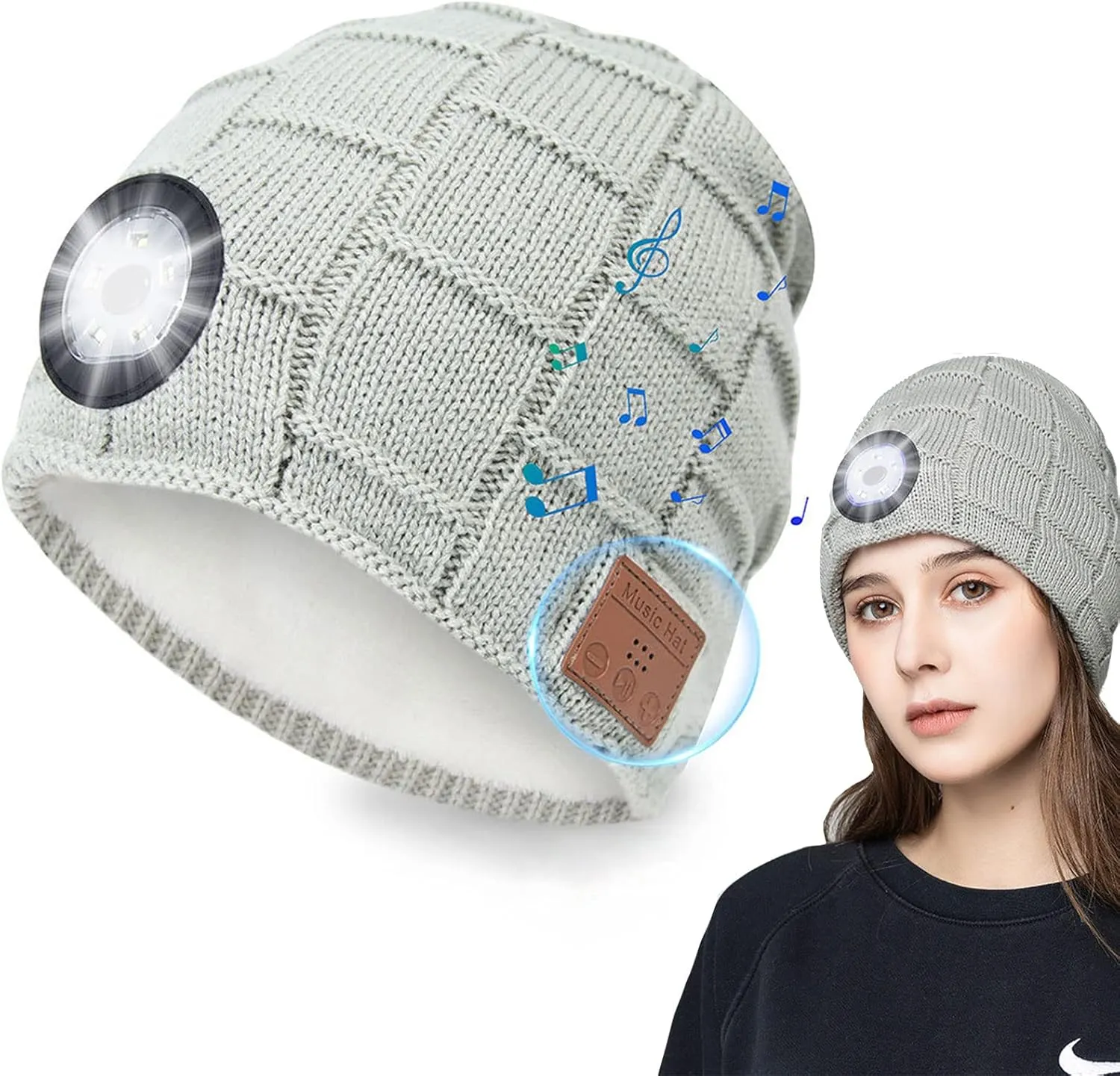 Headlamp Beanie Hat with Light,Unisex Rechargeable 5 Led headlamp Cap with Wireless Bluetooth Headphones