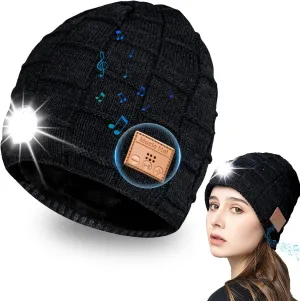 Headlamp Beanie Hat with Light,Unisex Rechargeable 5 Led headlamp Cap with Wireless Bluetooth Headphones