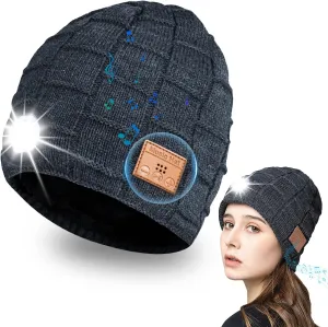 Headlamp Beanie Hat with Light,Unisex Rechargeable 5 Led headlamp Cap with Wireless Bluetooth Headphones