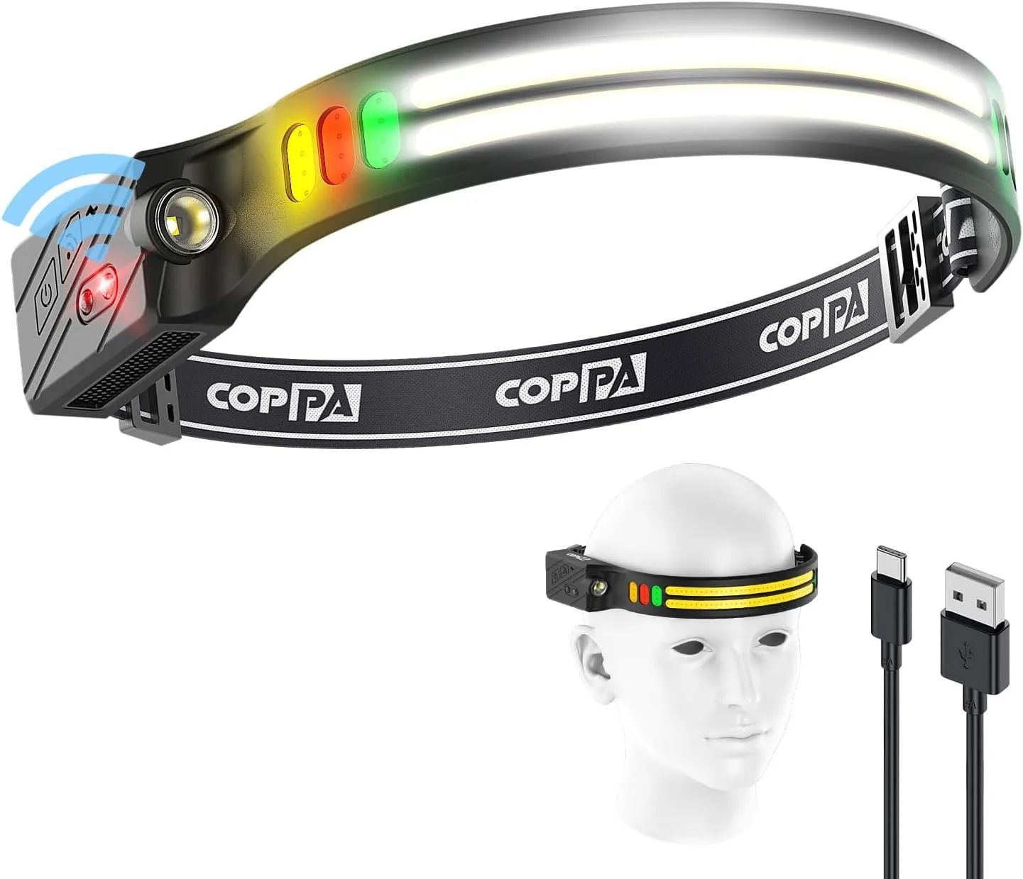 Headlamp, H4C Headlamp Rechargeable 1Pack with White & Yellow & Red & Green Floodlight & Spotlight Mini Portable with Motion Sensor Super for Camping Running Fishing Climbing Hiking Maintenance