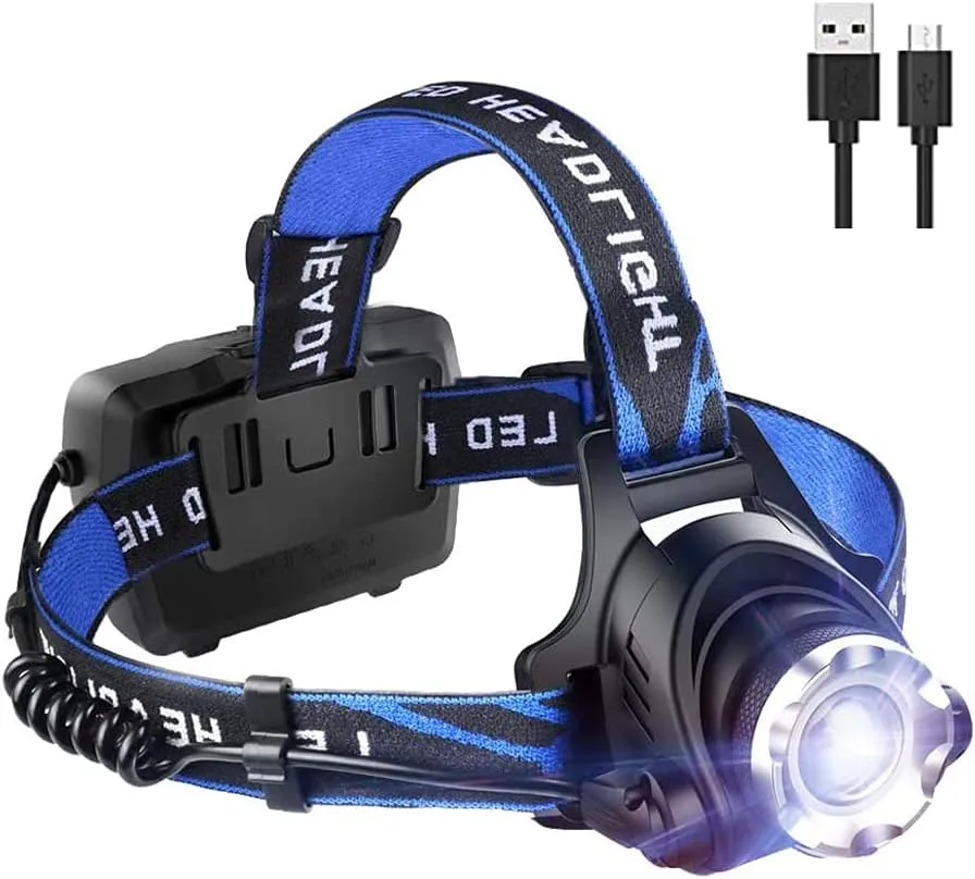 Headlamp, Head Torch, Super Bright LED Headlamps, T6 2000 Lumen 3 Modes Tactical Headlight, IPX4 Waterproof Flashlight with Zoomable Work Light, Hard Hat Light (Blue)