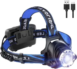 Headlamp, Head Torch, Super Bright LED Headlamps, T6 2000 Lumen 3 Modes Tactical Headlight, IPX4 Waterproof Flashlight with Zoomable Work Light, Hard Hat Light (Blue)