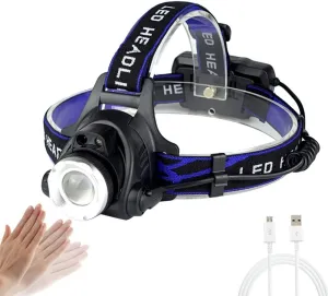 Headlamp, LED Work Headlight, 18650 USB Rechargeable Headlamp, Motion Sensor Head Lamp, Waterproof Flashlight with Zoomable Work Light, for Camping, Cycling, Hiking, Outdoors