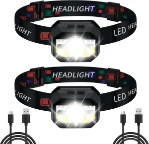 Headlamp Rechargeable, 1500 Lumen Ultra Bright Head Lamps Outdoor led Rechargeable, 2 Pack Head Flashlights Waterproof with White Red Blue Light, 11 Modes Motion Sensor LED Headlamp