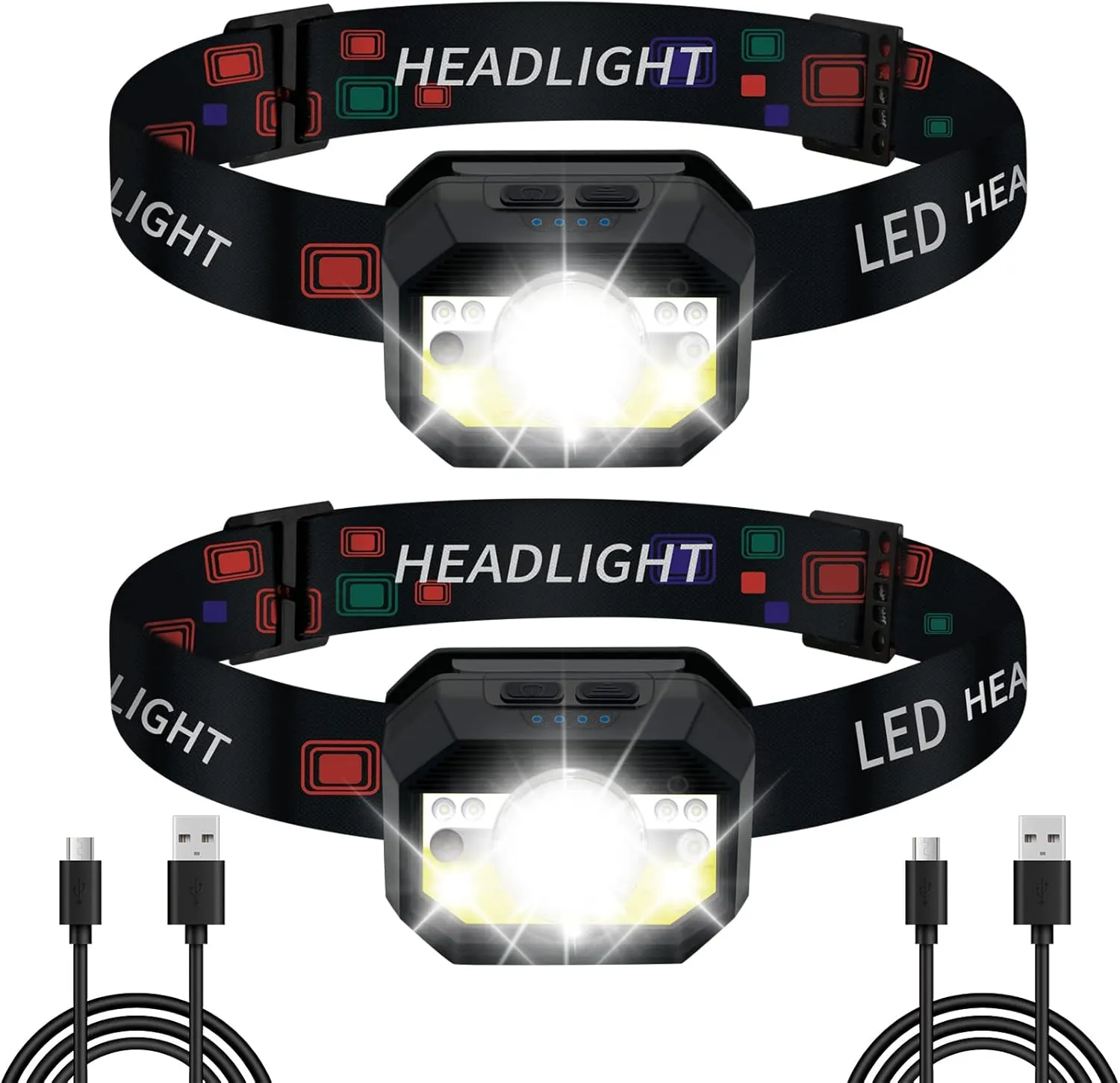 Headlamp Rechargeable, 1500 Lumen Ultra Bright Head Lamps Outdoor led Rechargeable, 2 Pack Head Flashlights Waterproof with White Red Blue Light, 11 Modes Motion Sensor LED Headlamp