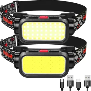 Headlamp Rechargeable, 1500 Lumens Wide Beam Led Headlamp, Lightweight Hard Hat Light, 4 Modes Lightbar Head lamp, Outdoor Waterproof Headlamps Flashlight for Camping, Fishing, Cycling (2 Packs)