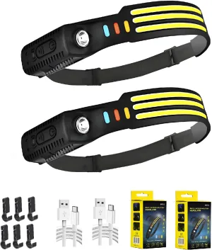Headlamp Rechargeable, 230° Head Lamp with Bright Head Lights for Forehead, Waterproof Hardhat Flashlights for Work, Hiking, Running, Camping Essentials Gear (2, White White White)