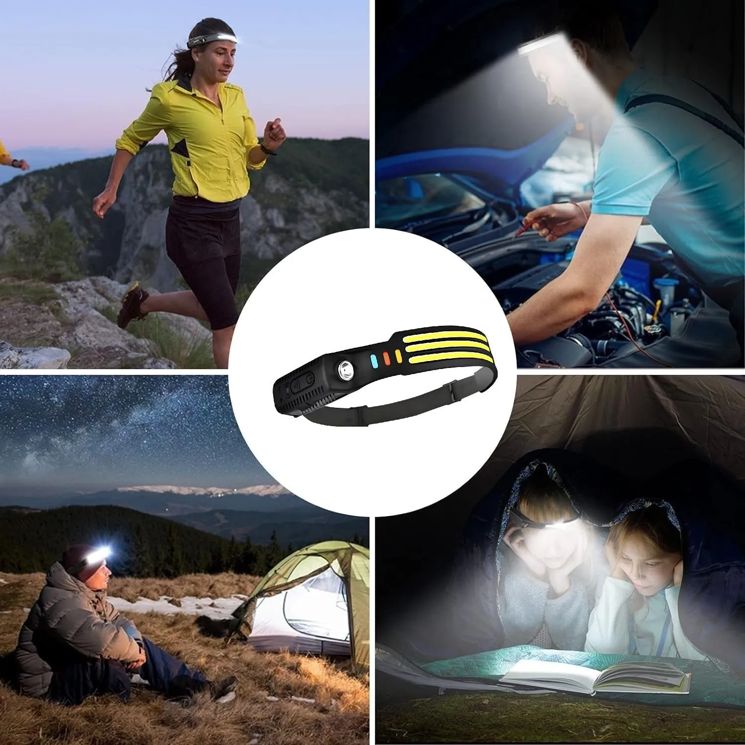 Headlamp Rechargeable, 230° Head Lamp with Bright Head Lights for Forehead, Waterproof Hardhat Flashlights for Work, Hiking, Running, Camping Essentials Gear (2, White White White)